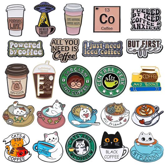 Creative Coffee Enamel Brooch Spaceship Coffee Elements Need By Coffee Power Books Cat Coffee Cups Metal Badge Lapel Pin Jewelry