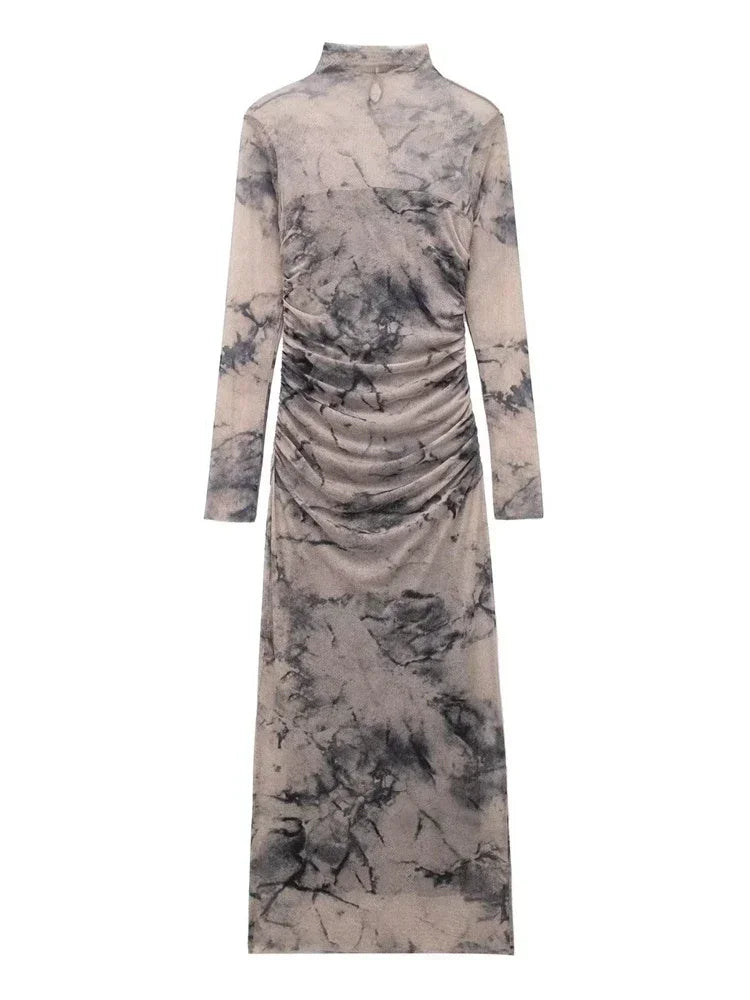 Tangada 2024 Women Print Pleated Mesh Dress Long Sleeve Sexy Famle Stand Collar Maxi Dresses 3H406
