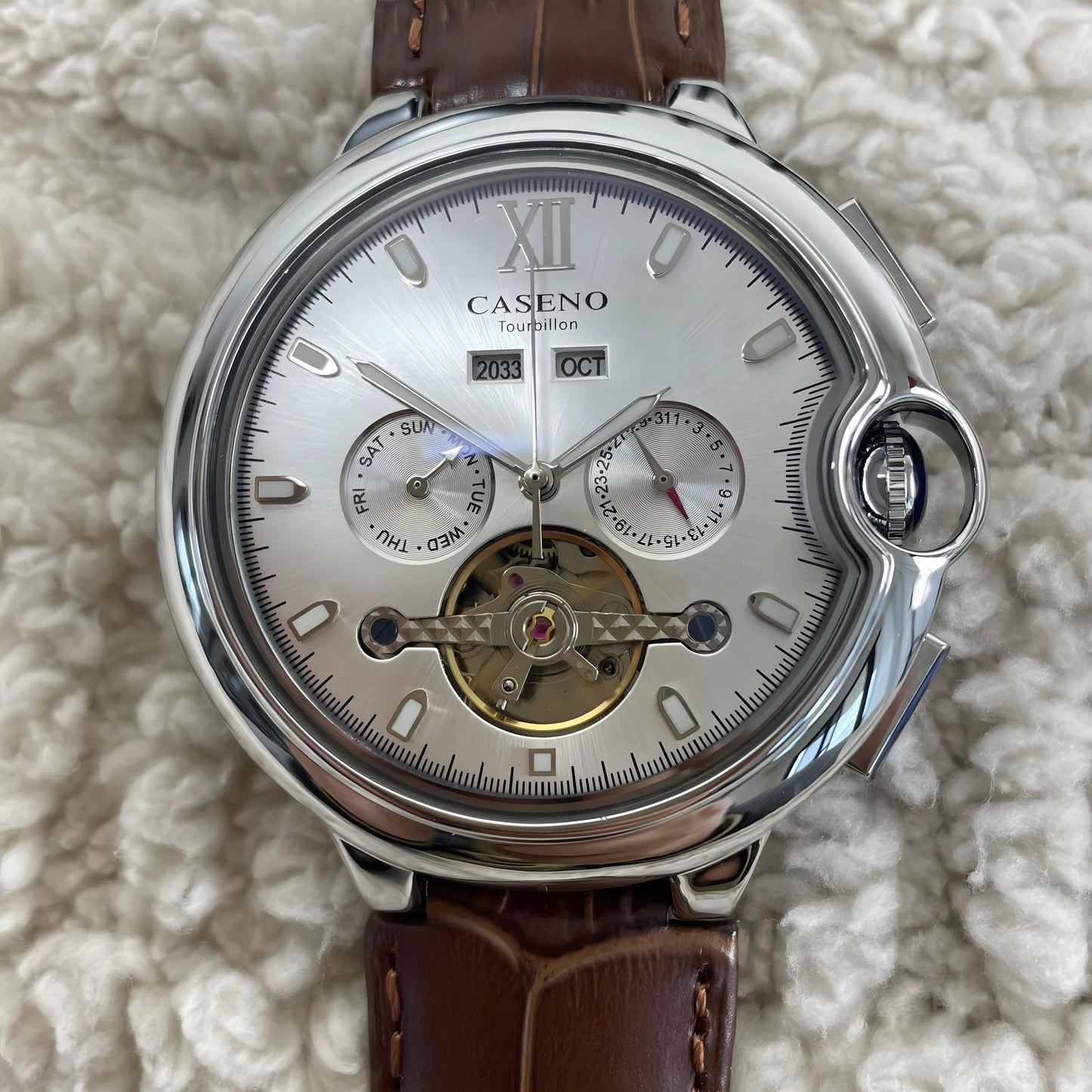 CASENO Fashion Trend Men's Blue Light Glass Night Light Scale Multi functional Fully Automatic Tourbillon Mechanical Watch 831BG