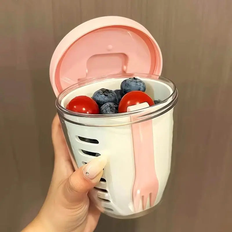Salad Cup With Fork Cylindrical Plastic Fruit Cup Multifunctional Drainage Function Salad Container, Portable Lunch Box