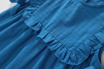 Korean Summer Toddler Girls Sling Dress Muslin Sleeveless Floral Collar Babys Girls Dress 2025 Solid Knotbow Kids Girls Sundress