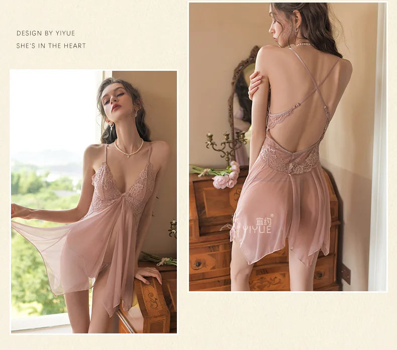 New Sexy Ladies Lace Camisole Nightgown Nightgown Homewear Sets Ladies Transparent Mesh Pajamas Erotic Lingerie Nightgowns
