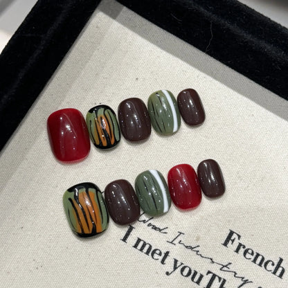 Handmade Press on Nails Cute Short Round False Nails Women Full Cover Wearable Ins Simple Hand-painted Pattern Fake Nail Tips