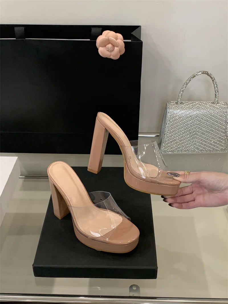 Liyke Summer Square Toe 12CM Thick High Heels Platform Slippers Ladies Chunky Sandals PVC Transparent Shoes Women Zapatos Mujer