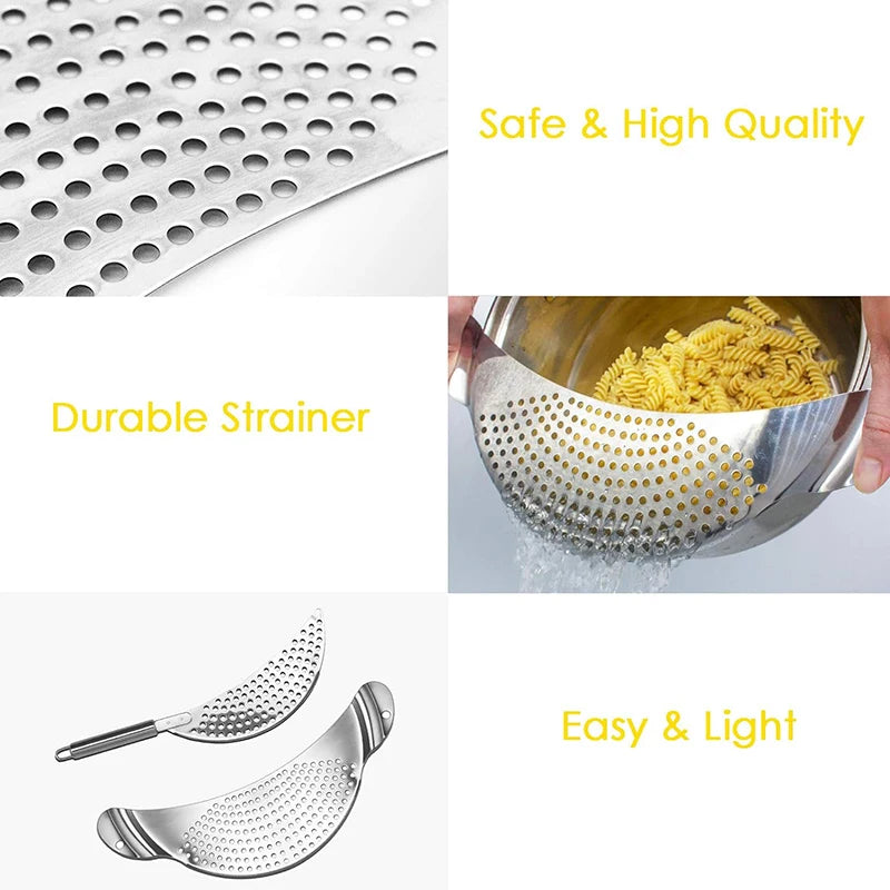 Stainless Steel Pan Pot Strainer with Handle, Pasta Drainer, Colander Water Filter, Vegetable Drainer, Kitchen Slag Separator