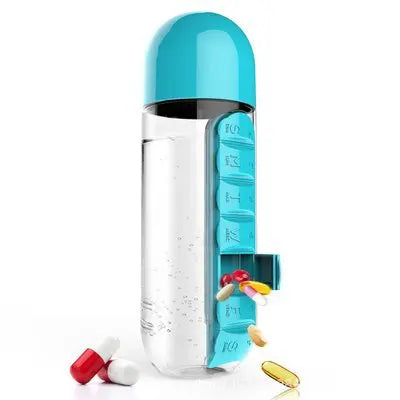 Portable Water Bottle With Built-in Pill Box for Medicines, Vitamins, Perfect for Outdoor, Gym, Fitness, Camping and Traveling