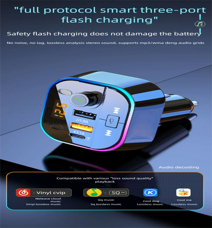 Bluetooth 5.0 Car FM Transmitter Car Bluetooth Receiver Ambient Hands-Free Mp3 Player Dual USB Fast Charger 5.0 Audio Adapter