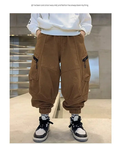 Boys Spring Autumn Children's Clothing Cargo Pants Children's Casual Large Size Sweatpants Boys Fashion Fake Zippers Cargo Pants