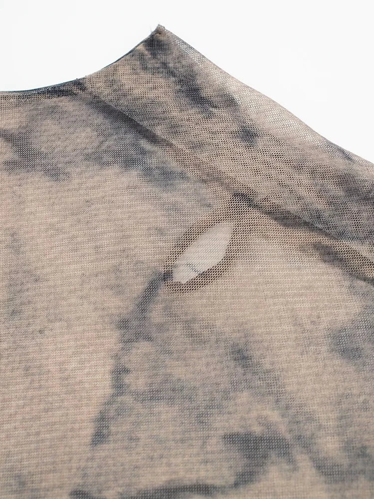 Tangada 2024 Women Print Pleated Mesh Dress Long Sleeve Sexy Famle Stand Collar Maxi Dresses 3H406