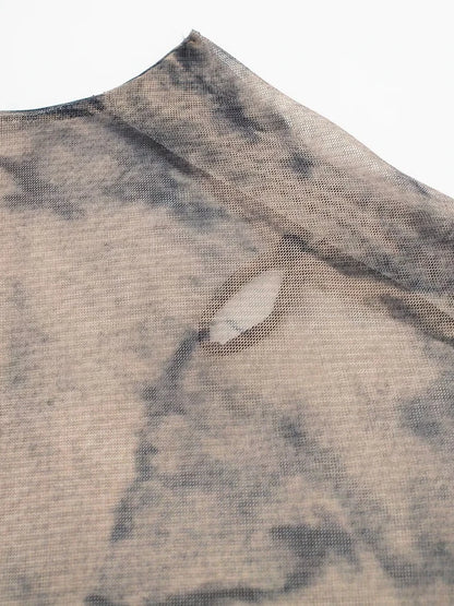 Tangada 2024 Women Print Pleated Mesh Dress Long Sleeve Sexy Famle Stand Collar Maxi Dresses 3H406