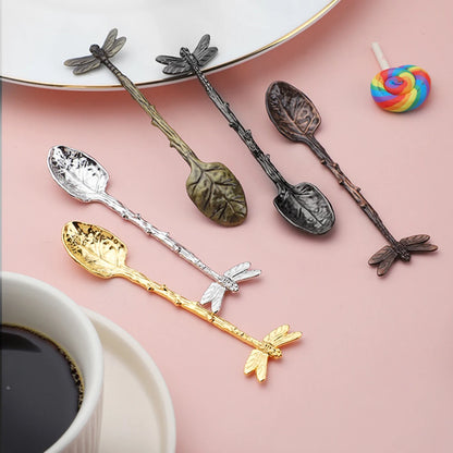 Retro Dessert Spoon Dragonfly Twig Decorative Stirring Spoon Alloy Leaf Spoon Lightweight Portable Coffee Tea Spoon Kitchen Tool