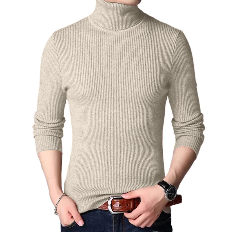 Streetwear Autumn Men's Long Sleeved Turtleneck Sweater Stripes Knitted Oversized Sweaters Homme Solid Color Basic Sweater Men