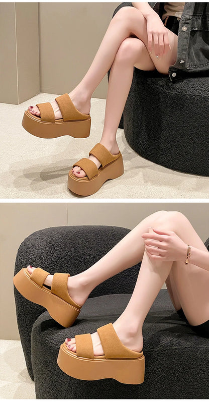 Summer 2023 Chunky Sandals Women's Thick Bottom Wedge Heels Slides 8CM High Heels Platform Leather Casual Beach Flip Flops Woman