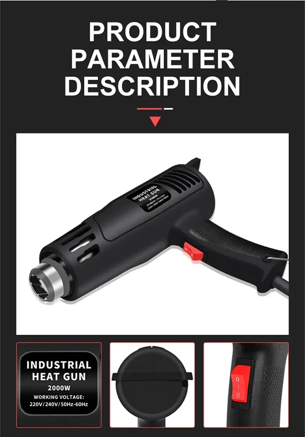 2000W Hot Air Gun High Power Temperature Regulating Industrial Electric Heat Gun Automobile Film Baking Gun Tool