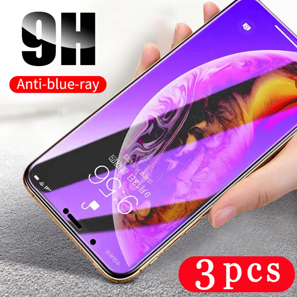 9H Anti Blue Ray Light Tempered Glass 3Pcs For iPhone 15 14 6 7 8 Plus 13 12 Mini 11 Pro XR XS Max SE2020 Screen Protector Glass