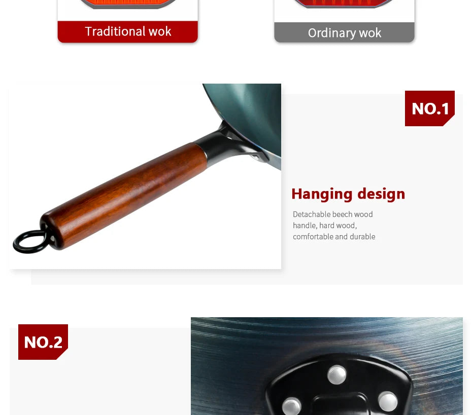 Flat Bottom Wok Pan 13.5" Woks and Stir Fry Pans Blue iron Cookware Traditional Chinese Cookware for Electric Induction Cooktops