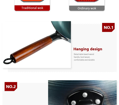 Flat Bottom Wok Pan 13.5" Woks and Stir Fry Pans Blue iron Cookware Traditional Chinese Cookware for Electric Induction Cooktops