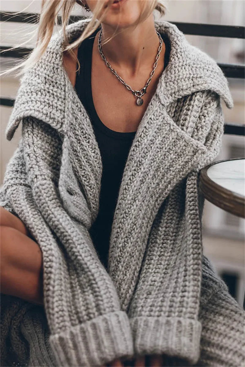 2024 Women's Autumn and Winter Maxi Cardigans Single Breasted Oversized Sweaters Solid Color Large Collar Boho Long Knitwear