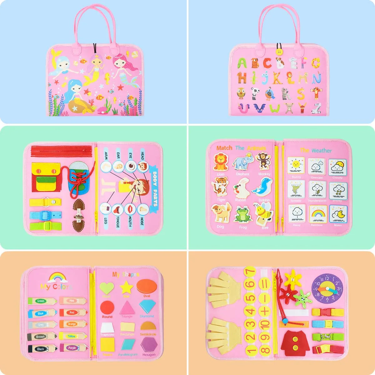 Toddlers Travel Busy Board for Boys Girls Montessori Toys for 2+ Year Old Preschool Learning Life Skill, Alphabet, Number, Shape