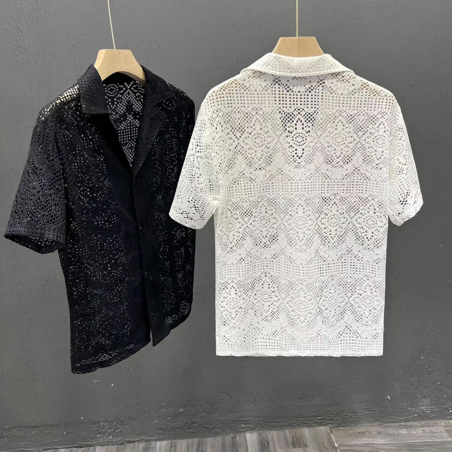 Vintage Ice Silk Lace Shirts For Men Sexy Lace Breathable Hollow Out Tops Summer Fashion Cuban Collar Short Sleeved Shirt Male