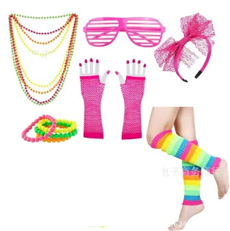 80s Fancy Dress Accessories Women Party Costume Set Adult Tutu Skirt Neon Fishnet Gloves Beaded Necklace Bracelet Earrings