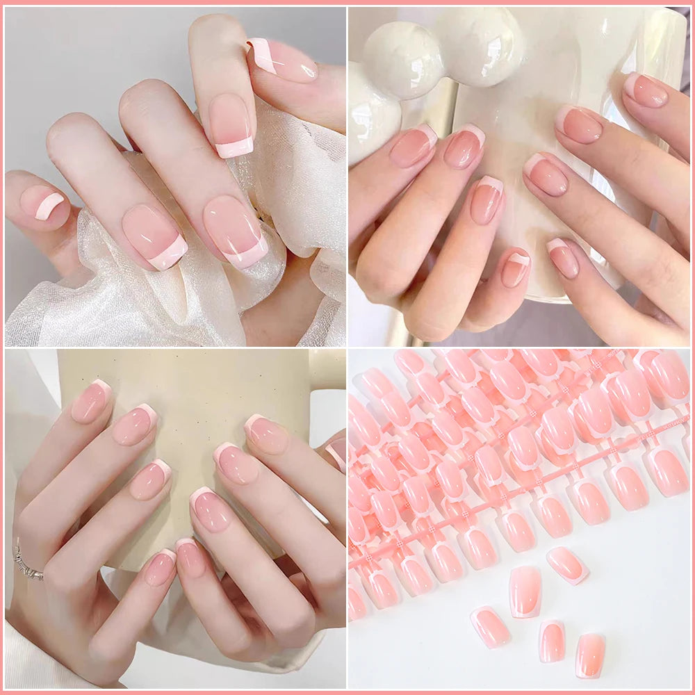 120Pcs=24*5 French Short Square Coffin False Nail White Pink Simple Wearable Fake Nails Glossy Full Cover Press on Nail Tips Art