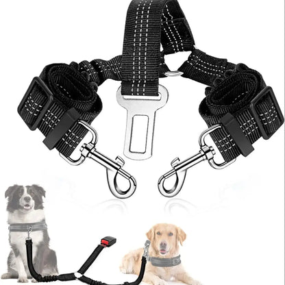 Dog Seat Belt, Double Dog Seatbelt Adjustable Vehicle Safety Leash with Elastic Bungee Buffer, Reflective No Tangle Y Shape Two