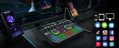 Gaming Audio Mixer,Streaming Mixer with Audio Interface BT Sound Board Voice Changer Sound Card,for PC Phone Live Streaming