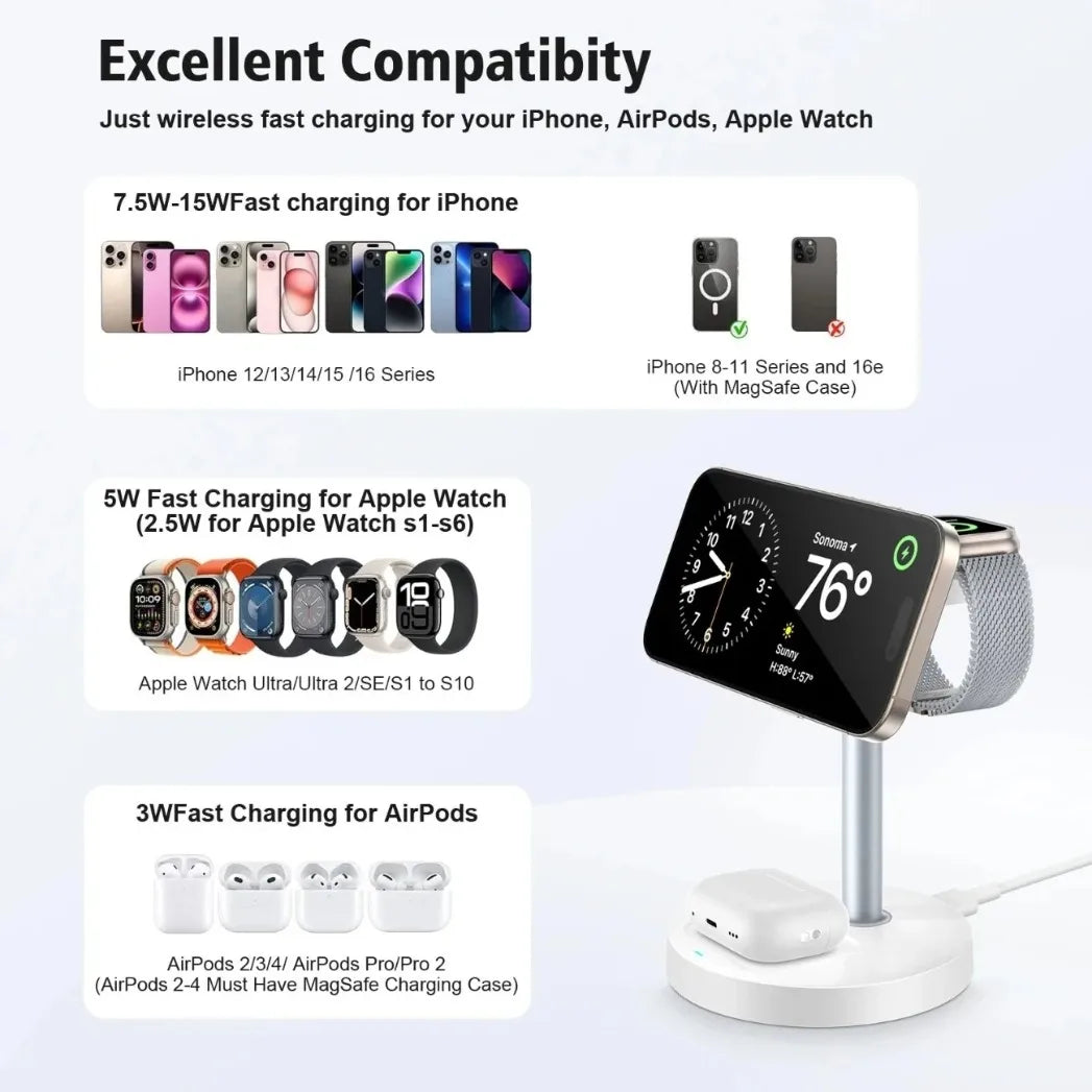 15W 3-in-1 Magnetic Wireless Charging Station For Magsafe iPhone 16 15 14 13 12 iWatch 10-2 SE AirPods Pro 4 Travel Fast Charger
