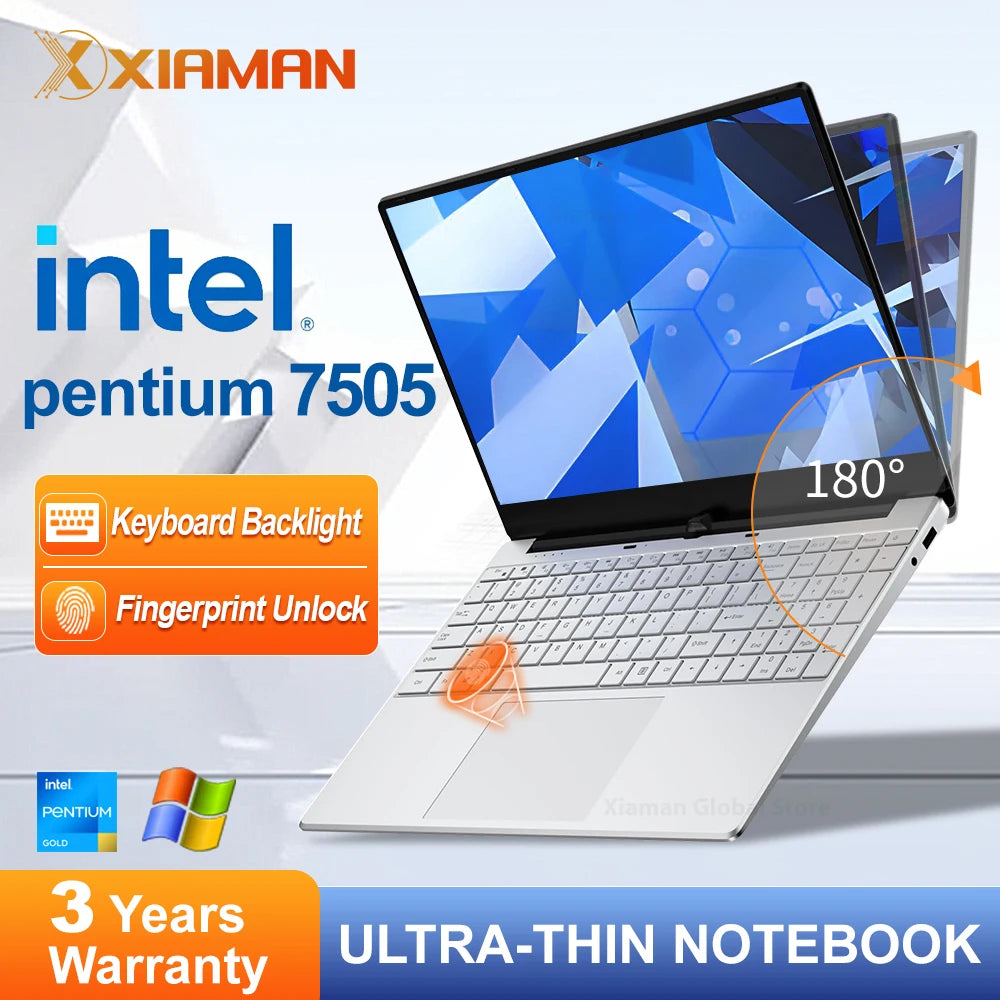 15.6 inch Laptop Computer intel Pentium 7505 Dual Core Laptops Windows 11 Pro Portable PC Gamer Notebook with Fingerprint Unlock