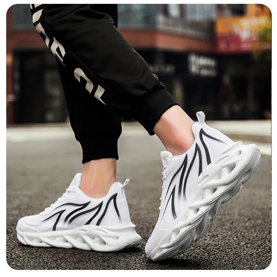 Stylish Running Shoes Men's Flame Printed Sneakers Knitted Sneakers Blade Cushioned Jogging Sneakers Lightweight Tenis Masculino
