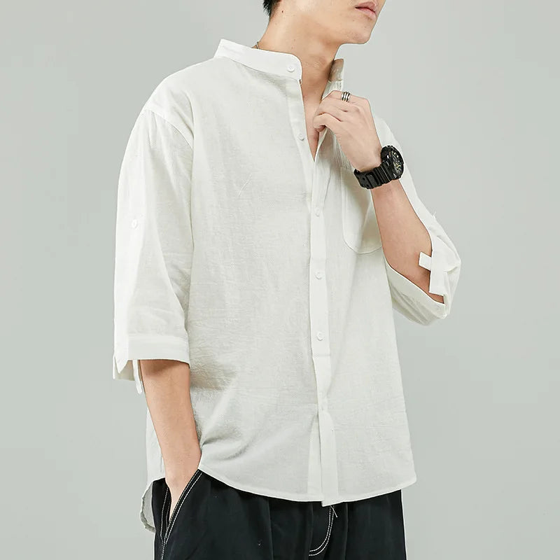 Line Shirt Men's Short-sleeved White Shirt Loose Chinese Style Summer Cotton Linen Casual Jacket Men's Quarter-sleeved Top