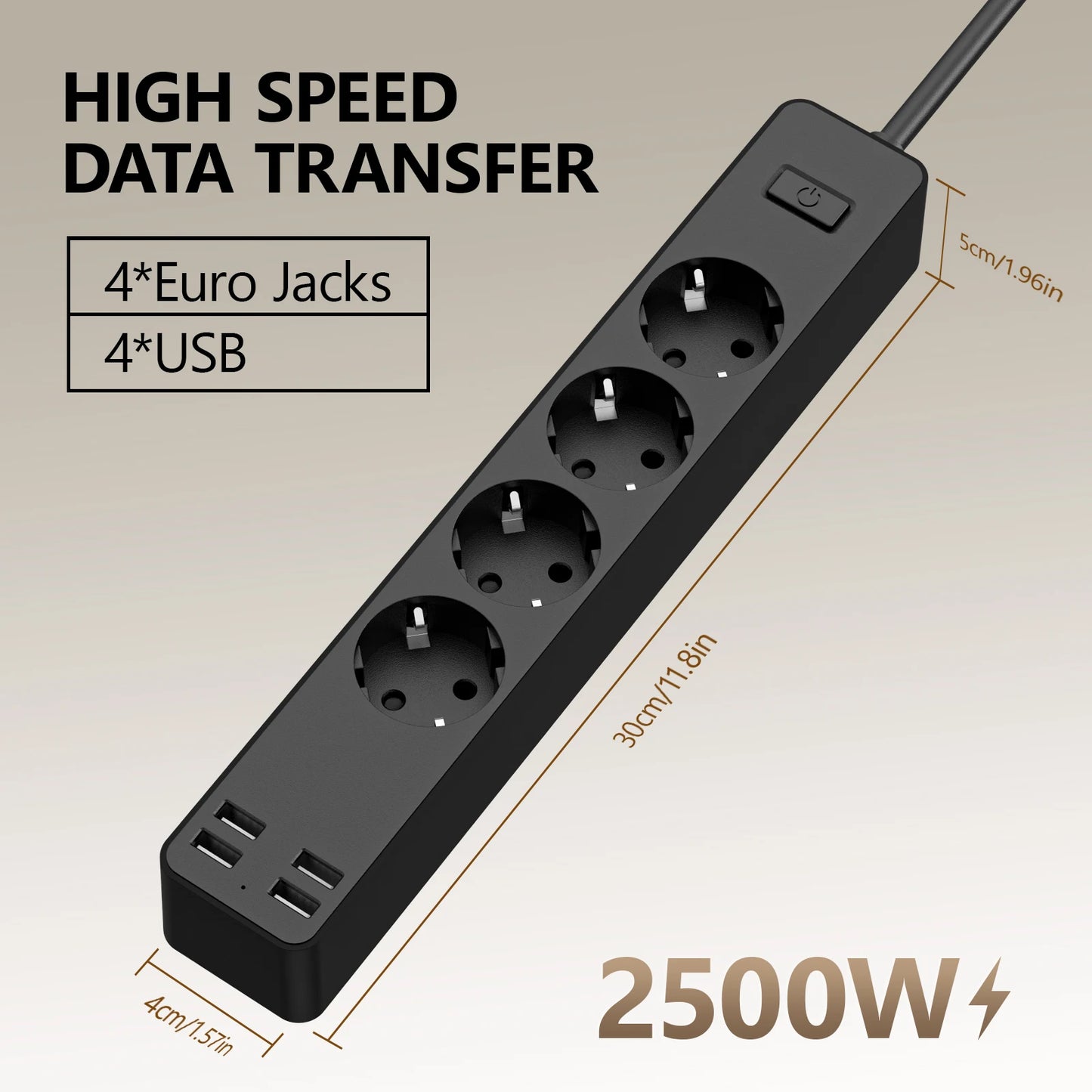 EU Electrical Socket With Safety Switch Power Strip 1.5M Extension Cable Overload Protection USB A Port Charging  On Home  2500W