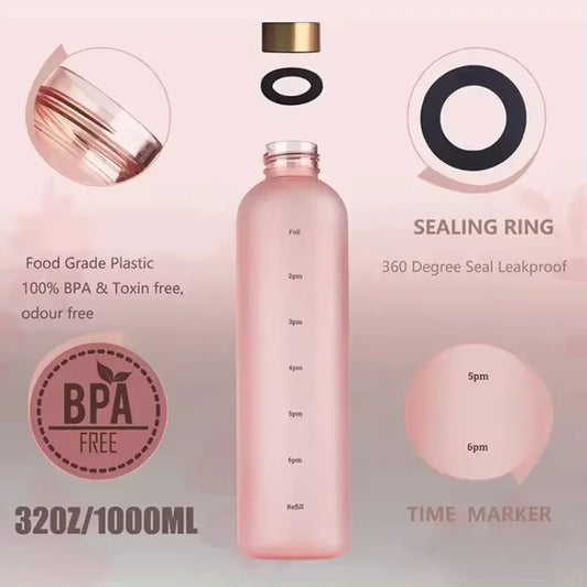 1L Water Bottle with Time Marker 320Z Large Capacity Reusable Fitness Sports Outdoors Travel Leakproof BPA Free Frosted Plastic