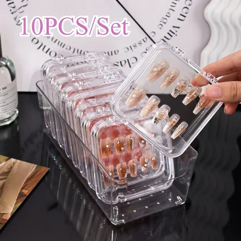 10PCS Press-On Nail Storage Acrylic Boxes with Adhesive Sheets Transparent Clear Nail Boxes Jewelry Storage Tool&Accessories