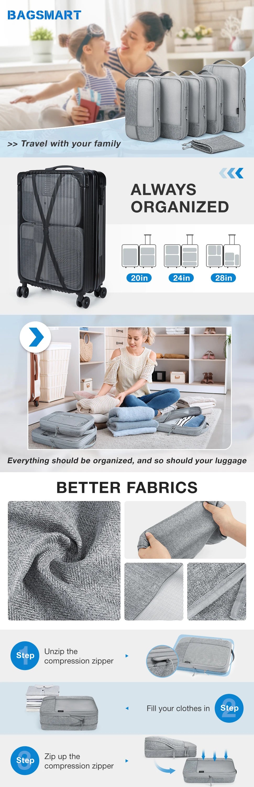 BAGSMART Compression Packing Cubes Men Travel Expandable Luggage Organizer  Carry on Luggage Packing Organizers for Women