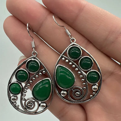 Vintage Waterdrop Metal Artisan Carved Spiral Earrings Set Green Round Stone Hook Drop Earrings Women