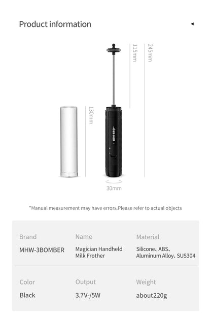 MHW-3BOMBER Official New Electric Milk Frother Handheld Wireless Blender Latte Cream Egg Beater Food Blender