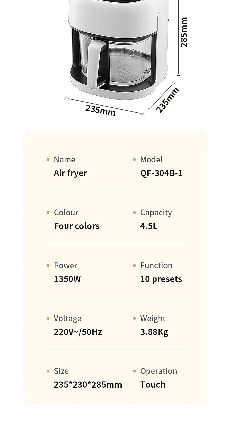 Smart Electric Air Fryer Large Capacity Convection Oven Deep Fryer Without Oil Kitchen 360°Baking Viewable Window Home Applianc