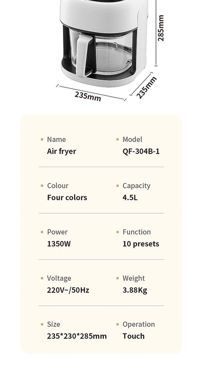 Smart Electric Air Fryer Large Capacity Convection Oven Deep Fryer Without Oil Kitchen 360°Baking Viewable Window Home Applianc
