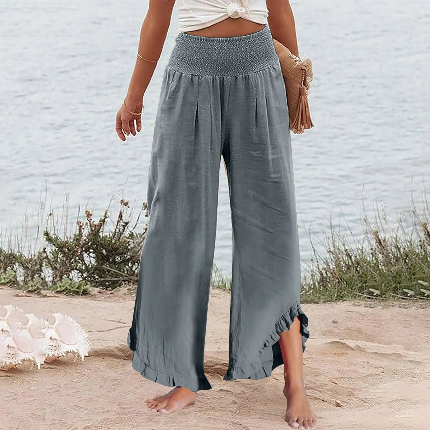 Summer Womens Palazzo Pants Summer Casual Flowy Wide Leg Trousers Beach Travel Vacation Outfits All Match Loose Baggay Pants
