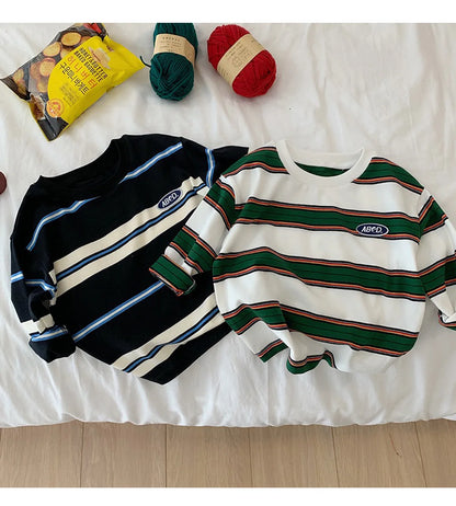 2025 Spring Autumn Kids Boys T-shirts Cotton Striped Loose Sticker Casual Long Sleeve Baby Girls Shirts Toddler Boys Tops