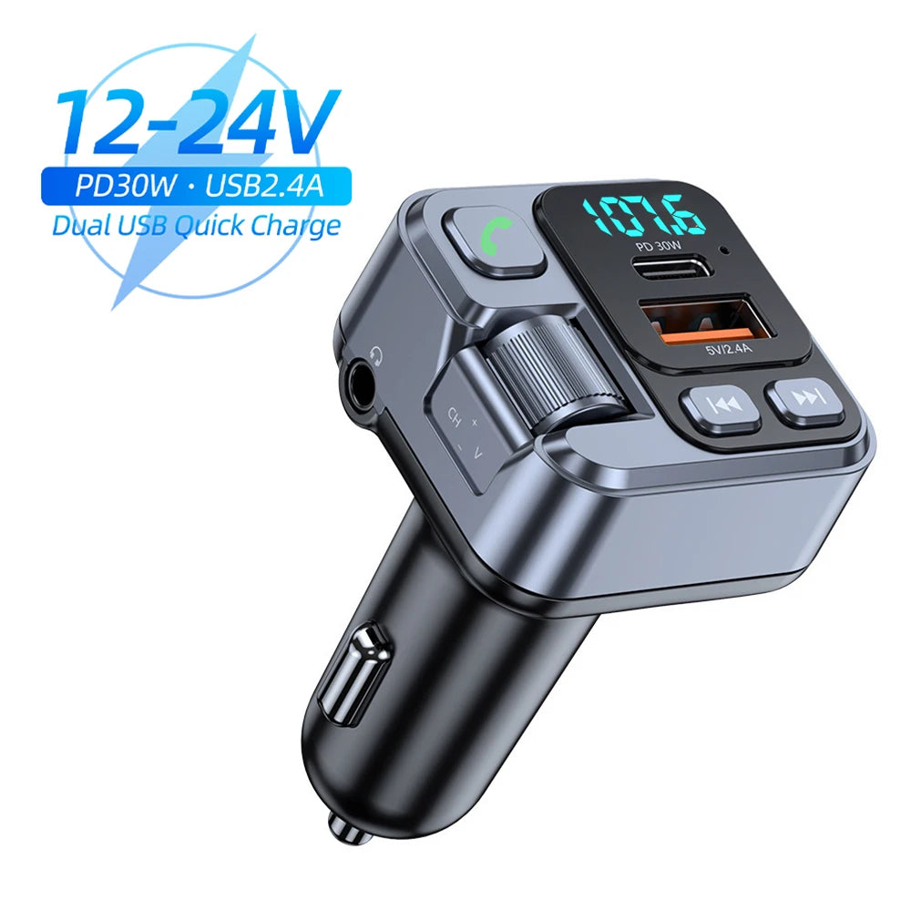 Bluetooth 5.1 Car FM Transmitter Car MP3 Stereo Music Player Handsfree 3.5mm Aux Wireless Car Kit 30W PD USB-C Fast Charger