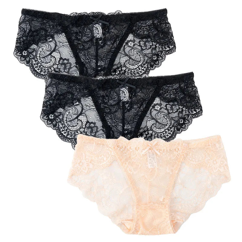 3PCS Hollow Out See Through Underpants Comfortable Briefs Sexy Ladies Lace Transparent Panties Low-Rise Lingerie