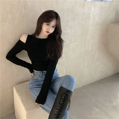 Women's T Shirts Off Shoulder Tees Sexy Plain Slim Black 2024 Tshirts 2000s Trend Female Tops Cool Wholesale Clothes Alt New In