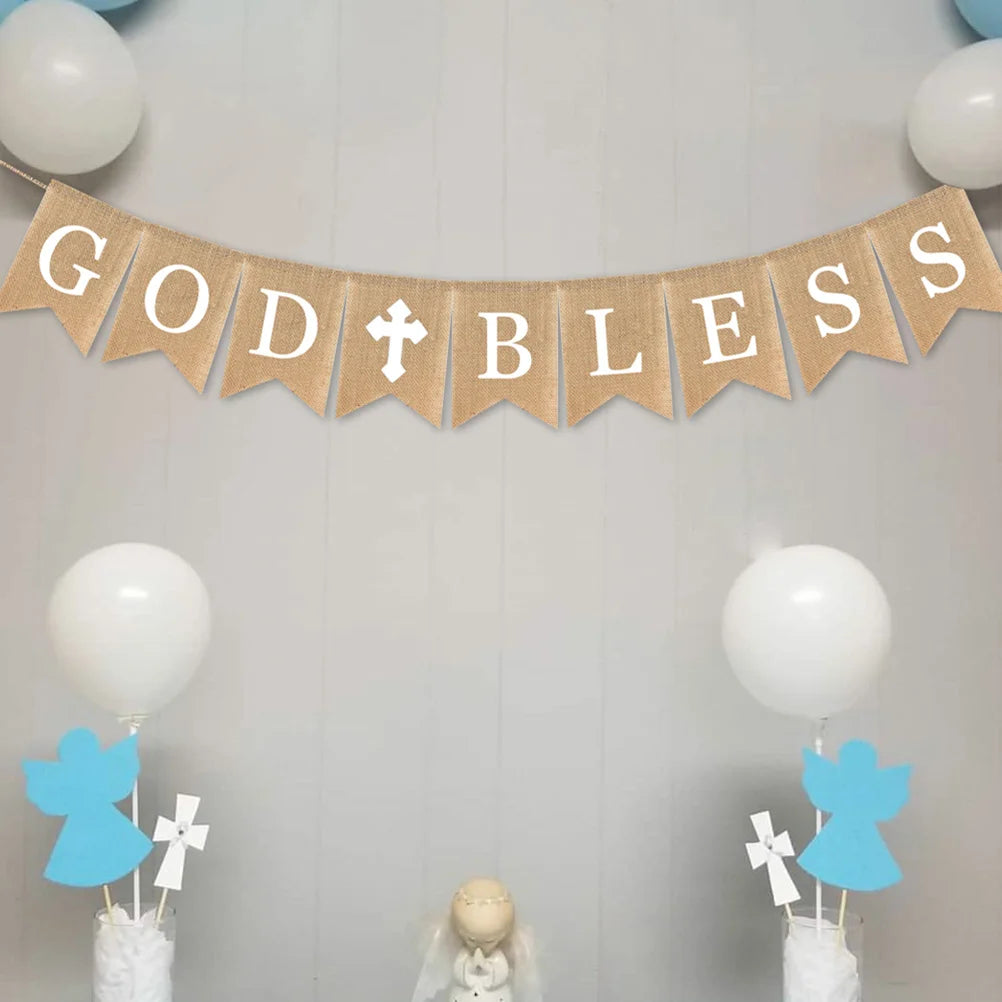 3PCS Communion Party Banner God Bless Baptism Christening Rustic Burlap Garland Banners For Wedding Baby Shower Decoration