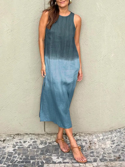 2024 Women Gradient Dress Split Sleeveless Maxi Dresses New Summer Casual Fashion Female High Street Vestidos
