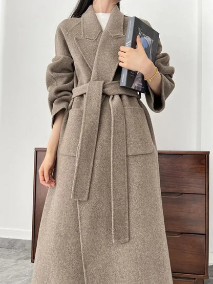 Office Lady Woolen Jackets 2024 Autumn And Winter Bathrobe Style Pocket Double-Sided Loose Lace -Up Tie Women's Long Wool Coats