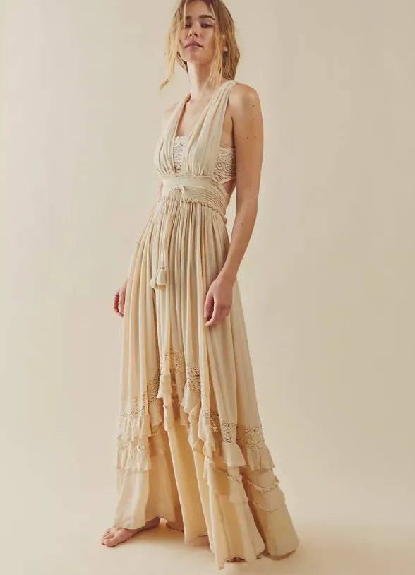 canwedance Summer Beach Dress Sleeveless Cotton Maxi Dresses Boho Style Solid Color Lace Ruffled Sundress Mujer Vestidos