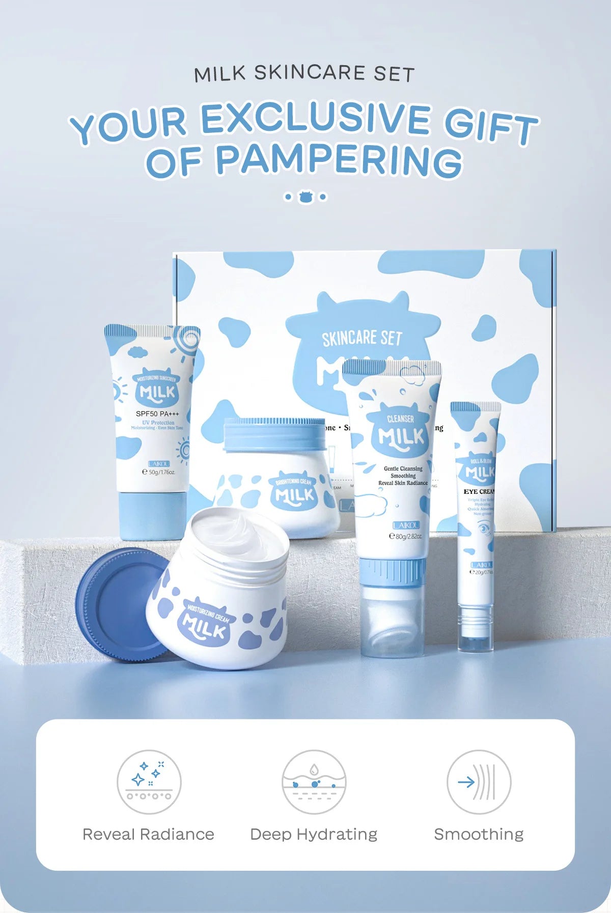 LAIKOU Milk Skincare Set 5 Pieces Nourishing Hydrating Moisturizing Brightening Facial Lasting Care Skincare Set
